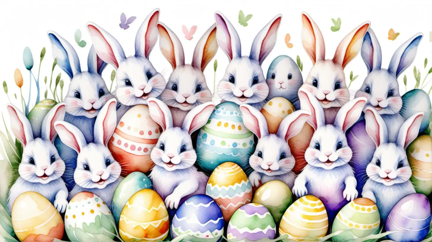 Whimsical Watercolor Easter Bunnies and Eggs in Pastel Shades