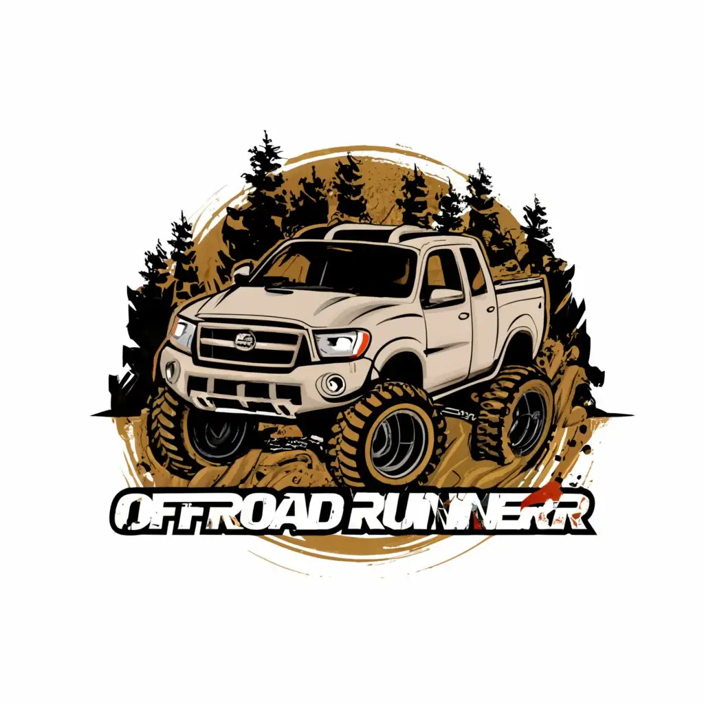a logo design, with the text OFFROAD RUNNERLGSAN, main symbol:TRUCKS, MUD, OFFROAD, MUDDY TIMBER, MITSUBISHI, MUDDY ROAD complex, to be used in Automotive industry, MUD background