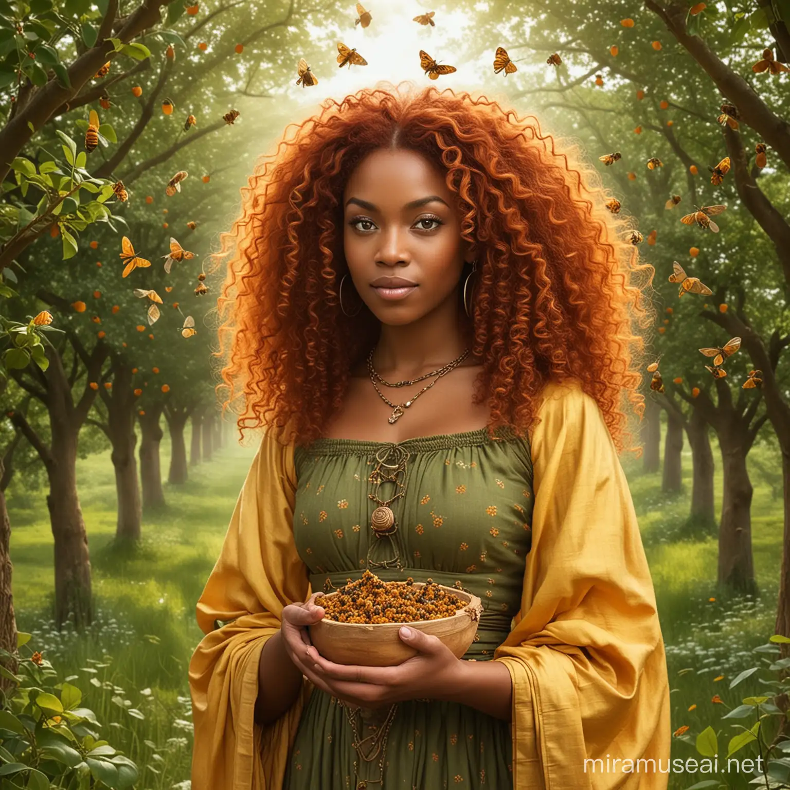 The Celtic bee goddess Brigid held bees to be sacred, with her hives bringing their magical nectar from her Otherworld apple orchard she is Afro-Indigenous with red curly hair 