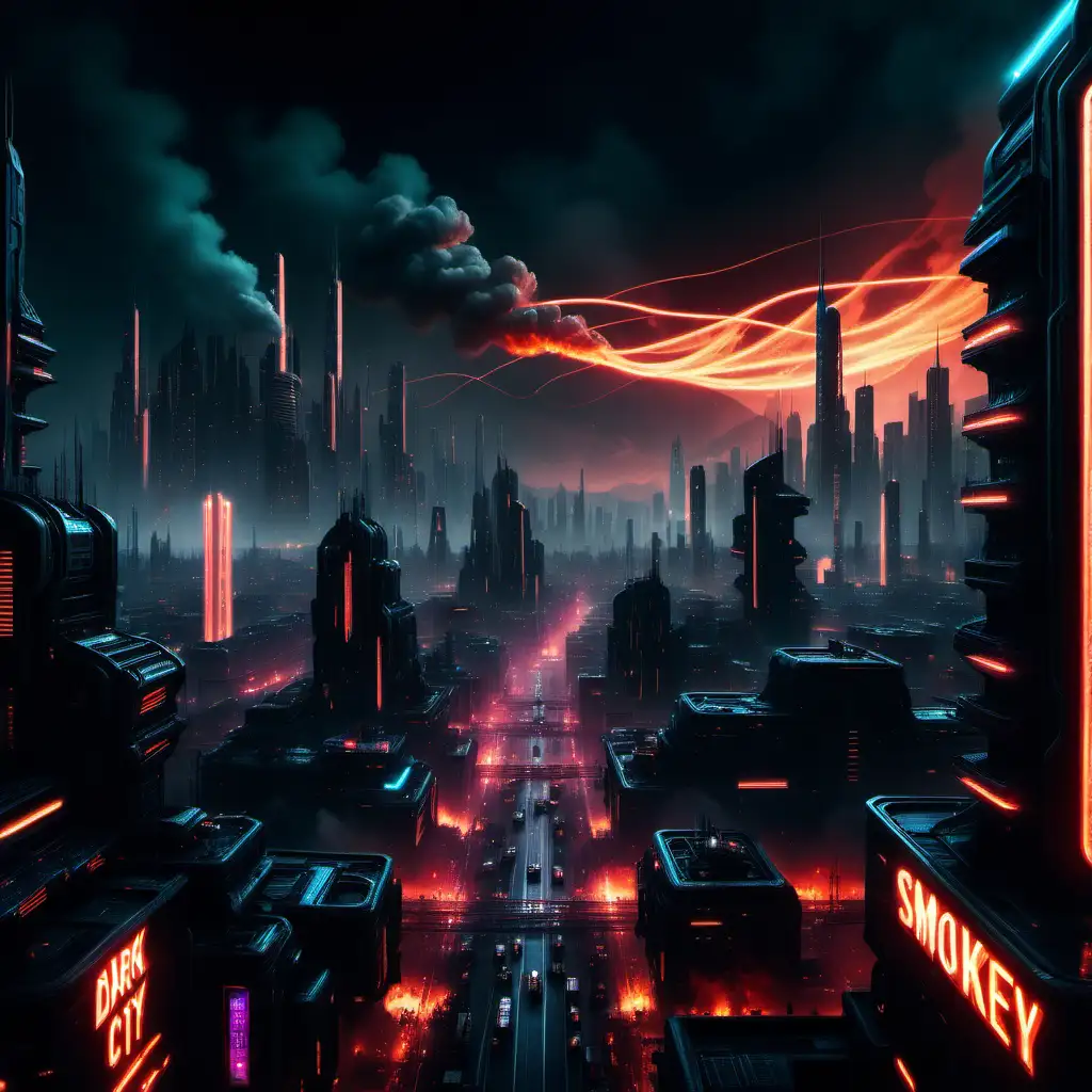 a dark futuristic city, with neon lights, smokey, fire in the distance