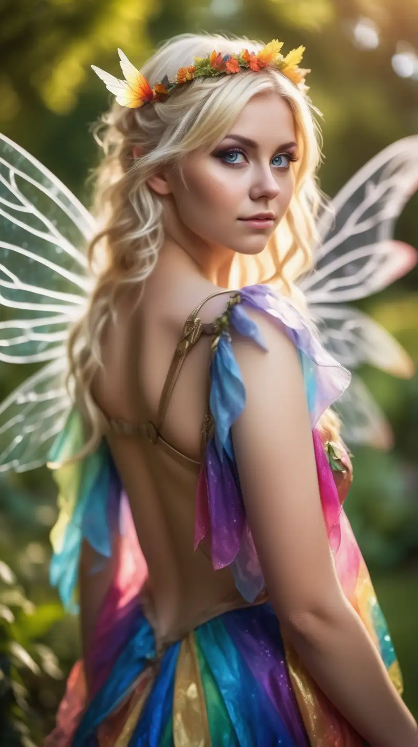 Beautiful Nordic woman, very attractive face, detailed eyes, big breasts, dark eye shadow, messy blonde hair, wearing a female fairy cosplay costume, colourful transparent wings and a colourful open front loose dress, close up, bokeh background, soft light on face, rim lighting, facing away from camera, looking back over her shoulder, standing in giant garden, photorealistic, very high detail, extra wide photo, full body photo, aerial photo