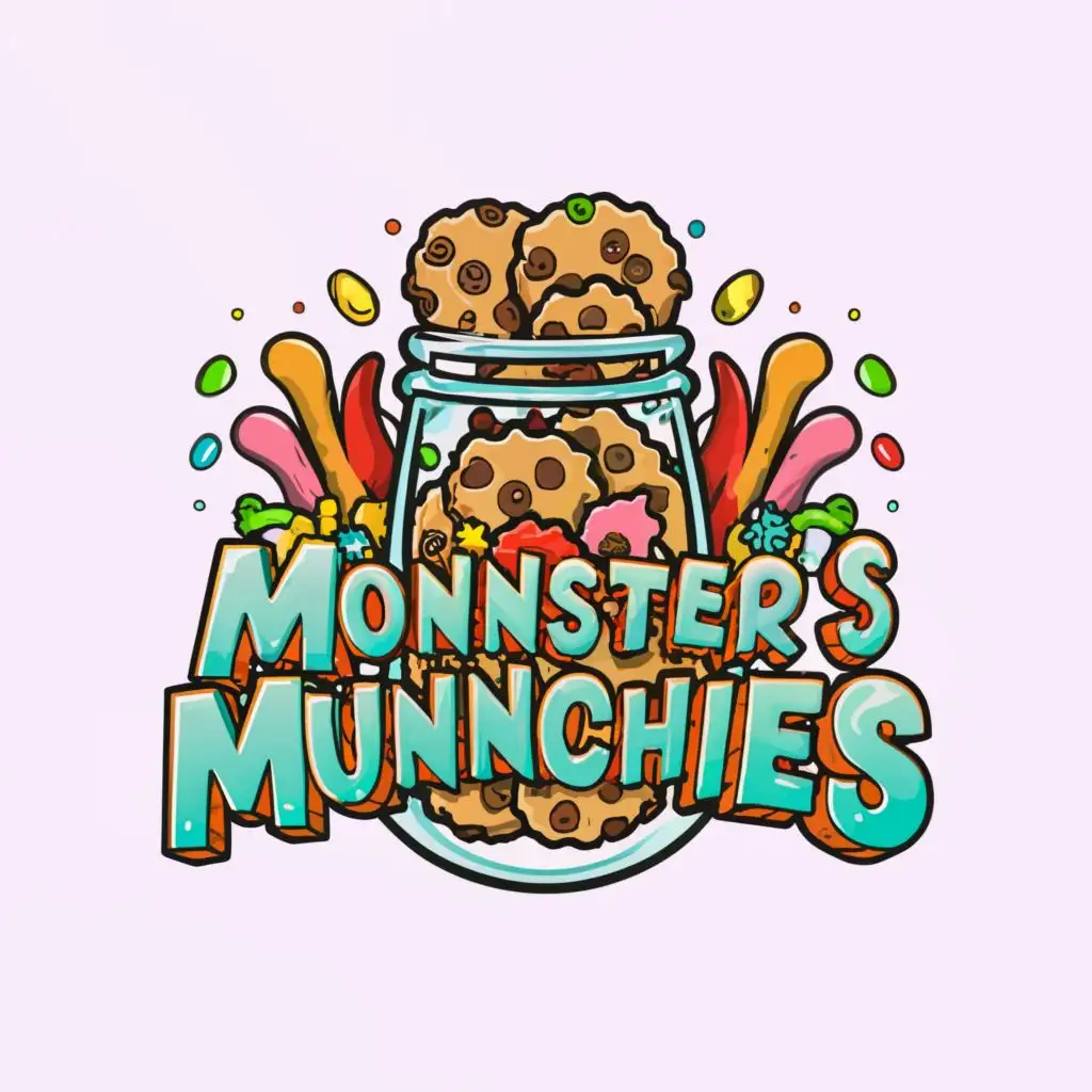 a logo design,with the text "Monnster's Munnchies", main symbol:Large glass jar filled with cookies and candies with the logo in crazy playful font with vibrant colors,Moderate,clear background