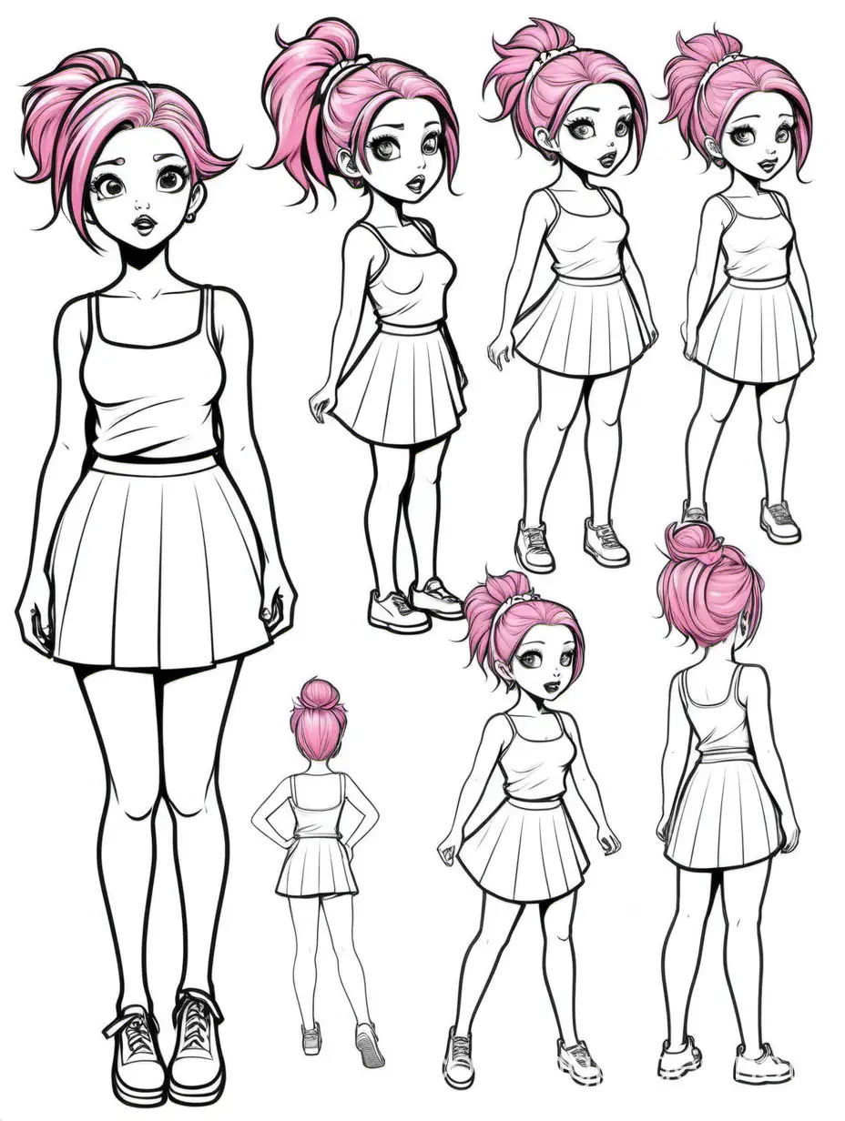 character study, PRETEEEN DRAMA QUEEN, PINK hair, up do hair, MINISKIRT AND CAMI, multiple poses, full body, half body, quarter body, arms in poses, hair up and hair down, artist canvas, annotations, Coloring Page, black and white, line art, white background, Simplicity, Ample White Space. The background of the coloring page is plain white to make it easy for young children to color within the lines. The outlines of all the subjects are easy to distinguish, making it simple for kids to color without too much difficulty