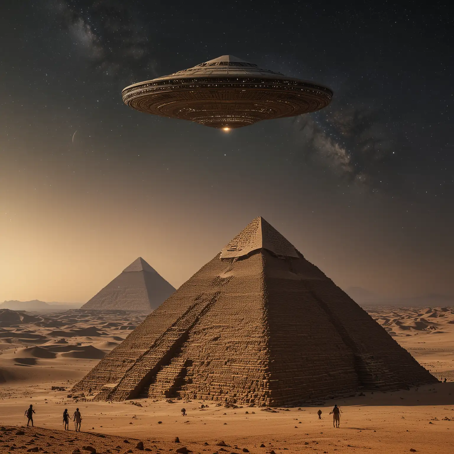 Aliens lend a helping hand in constructing pyramids, while a UFO gracefully glides through the celestial expanse above. /Elaborately describe the scene, exploring its intricacies and details./ Photo taken by Yousuf Karsh with Fujifilm GFX 100S & Fujinon GF 110mm f/2, Award Winning Photography style, Fine Art, Ethereal Lighting, 8K, Ultra-HD, Super-Resolution. --v 5 --q 2