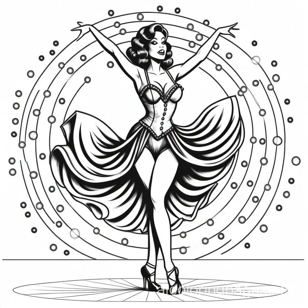 BURLESQUE DANCER PERFORMING SURROUNDED BY LIGHTS, Coloring Page, black and white, line art, white background, Simplicity, Ample White Space. The background of the coloring page is plain white to make it easy for young children to color within the lines. The outlines of all the subjects are easy to distinguish, making it simple for kids to color without too much difficulty