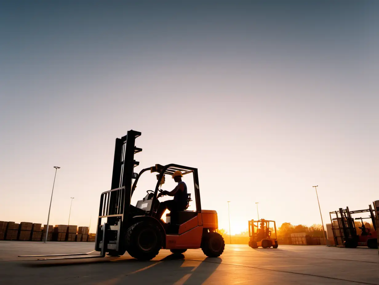a person using a forklift outside in the sunrise morning light