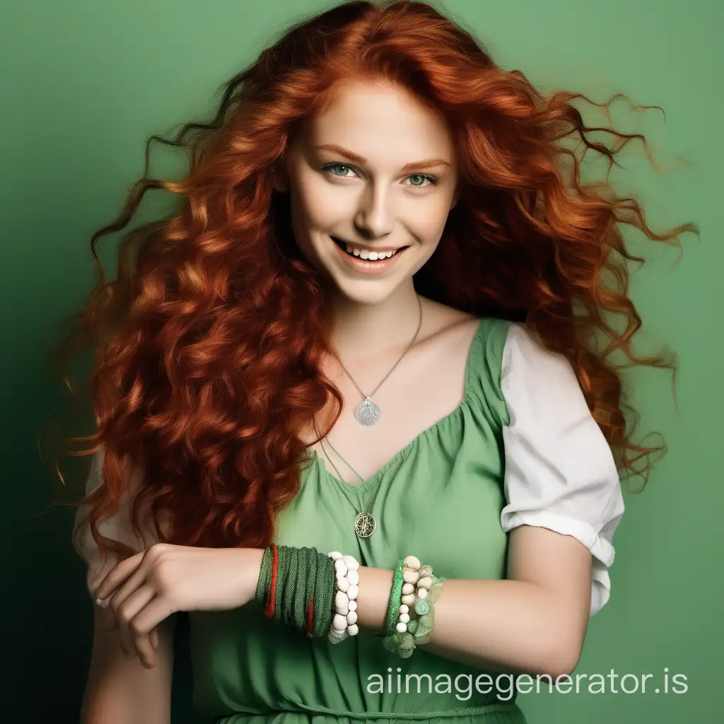 Young woman of 20 years old. Beautiful and happy. Long and wavy chestnut red hair with curls. White face with an intense and intelligent gaze. Brown eyes circled with green. Very natural face. She wears a green and white dress with green cords forming a VY and hanging. On her left wrist, she wears a magical bracelet with 21 seashells, all of different shapes and colors. Silver bracelet for the support thread of the mysterious bracelet.