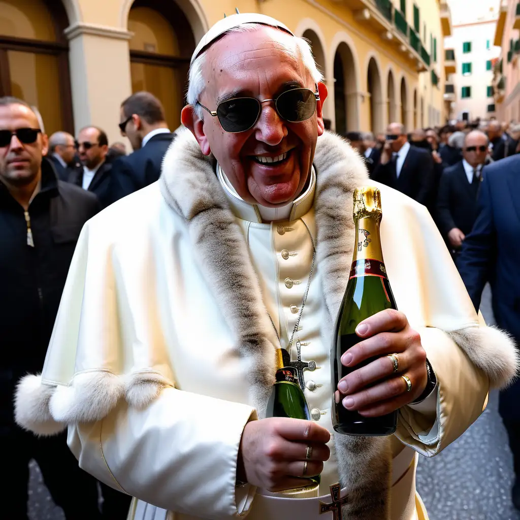Der Papst mit Ray Bane Sonnenbrille, pelz mantel, in der Hand eine Flasche Champagner, street photography style, in Monaco,