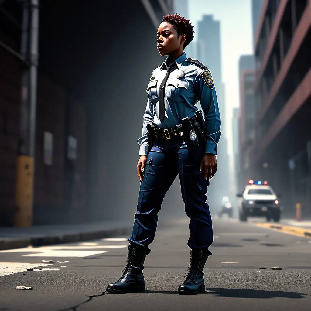 African American Female Police Officer Investigating in Cyberpunk Fantasy Setting