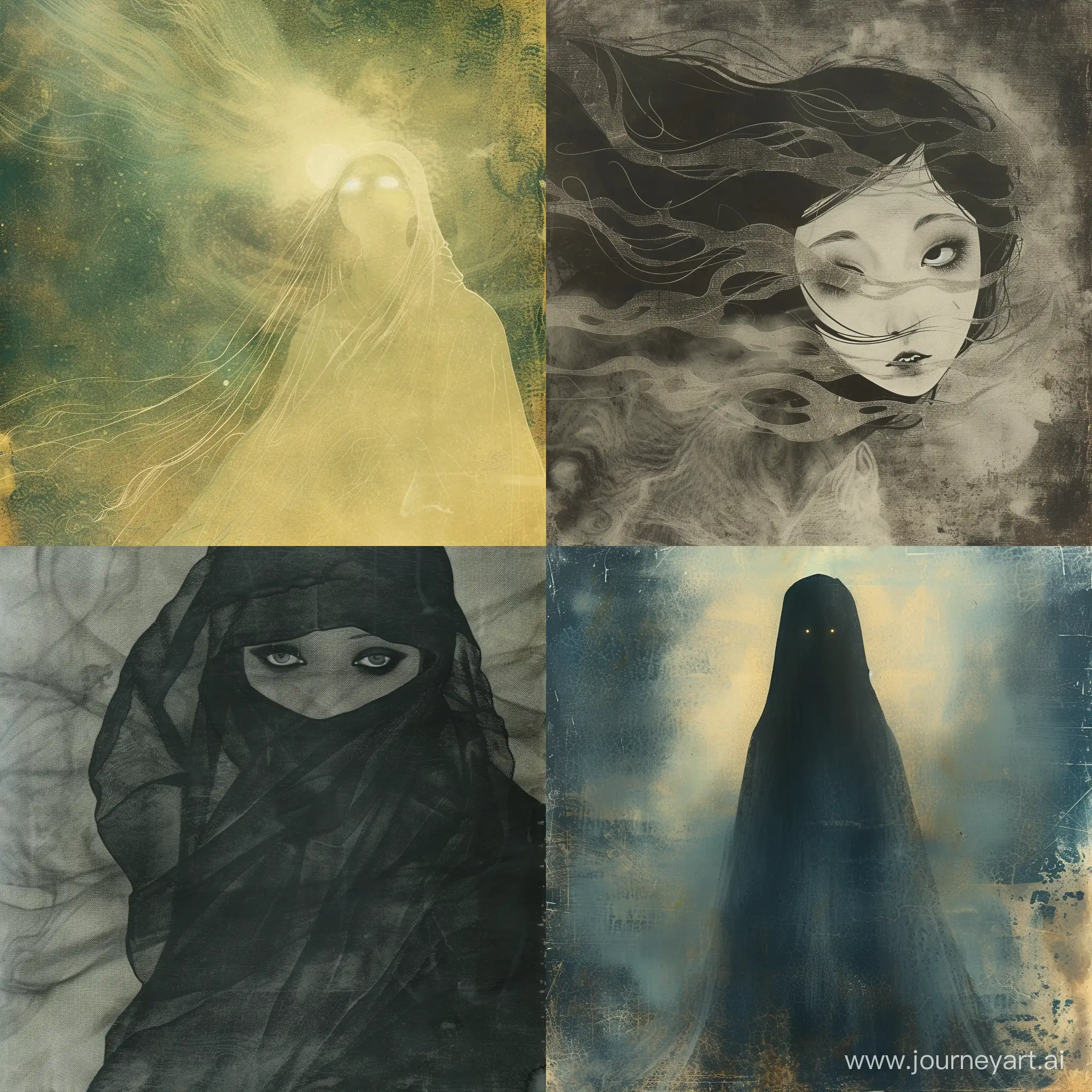 A spectral figure shrouded in ethereal mist, her form constantly shifting and flickering in and out of existence. Her eyes gleam with a malevolent light, and her voice echoes like a mournful wail on the wind, in a cursed land where the veil between the worlds is thin, Ukiyo-E painting style, wood block printing, vintage, 