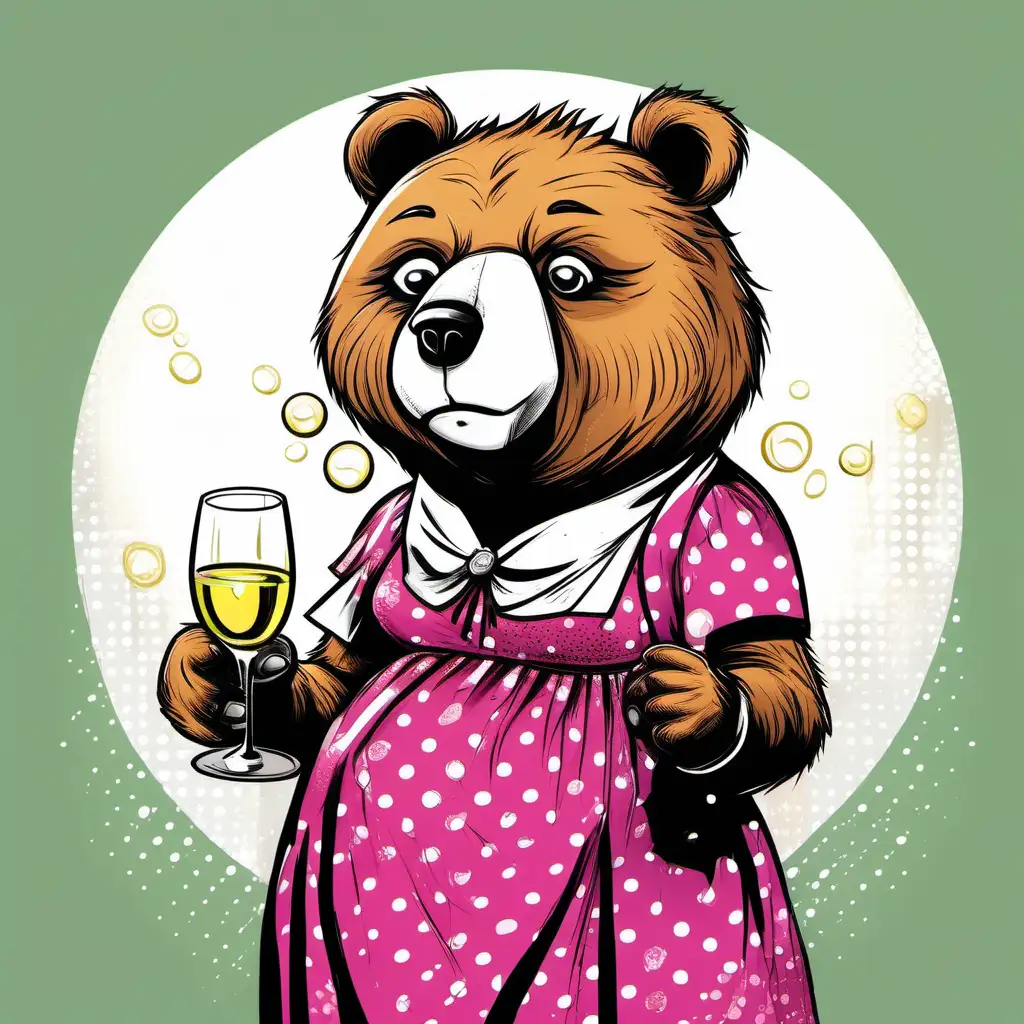 A bear with lipstick and a dress drinking a white wine (comic style)
