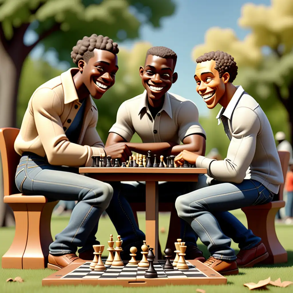 cartoon-style 1900s light-skinned 
African American  men playing chess in the park wearing jeans and smiling