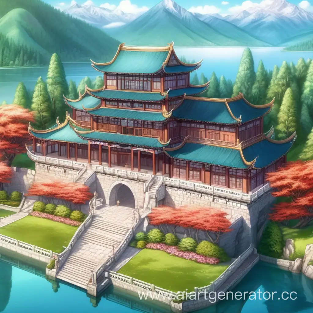 Средневековый дворец, большое в китайском стиле. Здание расспологается между лесами и горами. Рядом с дворцом находится большой цветочный сад и большое озеро. Вид сверху, и со стороны. Аниме стиль