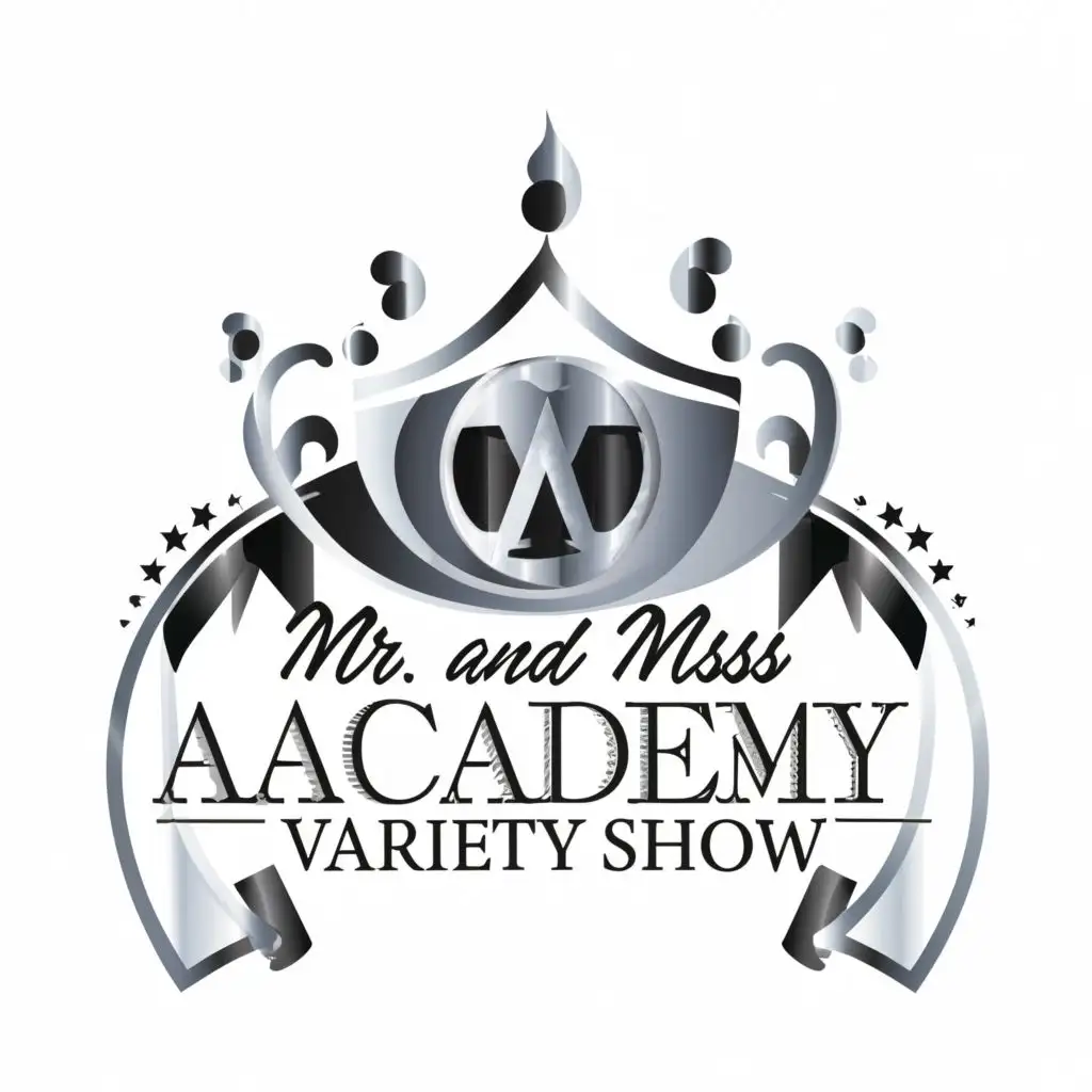 logo, WHITE AND SILVER PEOPLE CROWN WITH WHITE BACKGROUND, with the text "MR AND MISS ACADEMY VARIETY SHOW", typography, be used in Events industry