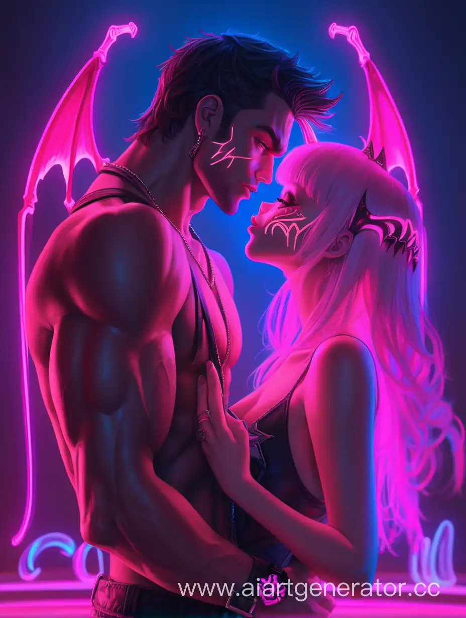 Neon-Romance-Handsome-Guy-Kissing-a-Demon-Girl-in-Vibrant-Lights