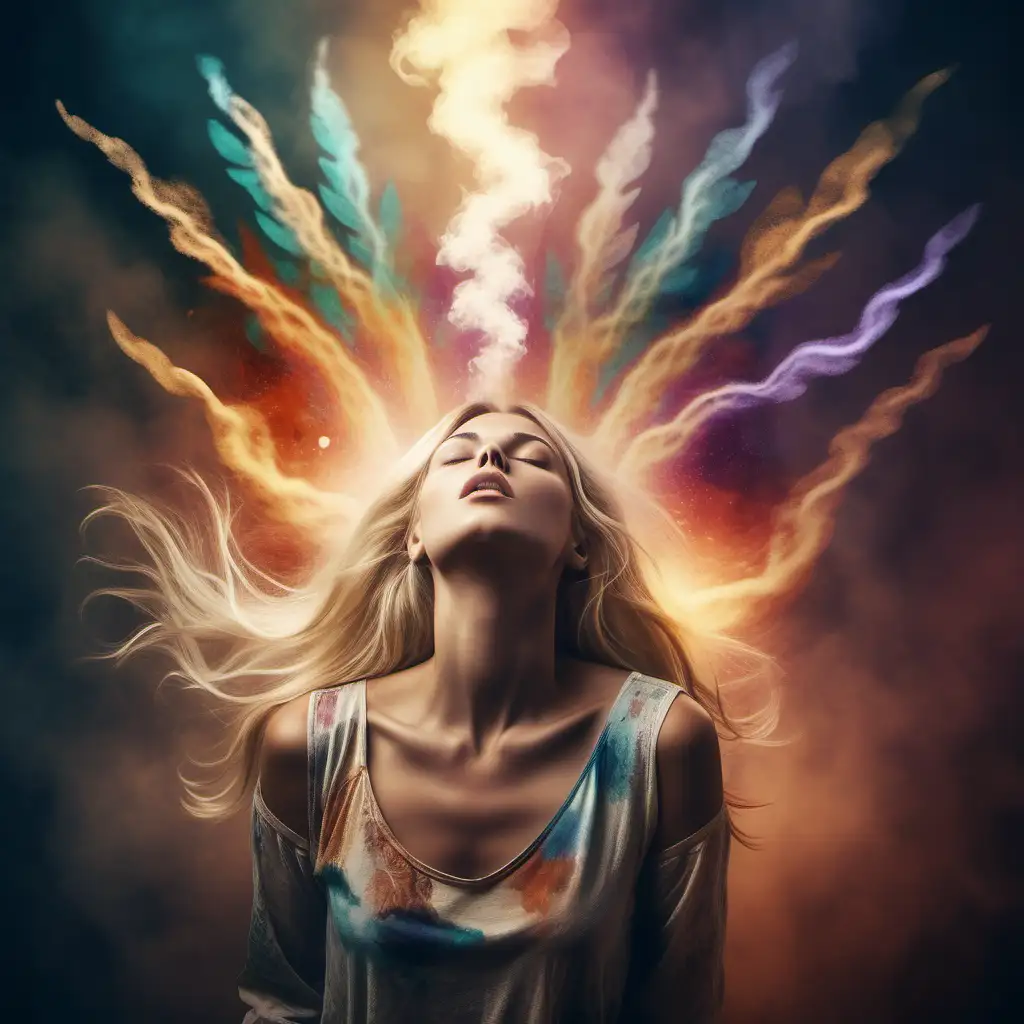 create an image of a blonde woman, taking a deep breath to calm her mind. The woman transitioning into a phase of complete silence. Clothed in gentle fabrics of boho sense of calm. A background of thoughts is represented as pieces of wildly colored artistic flares of thoughts.

