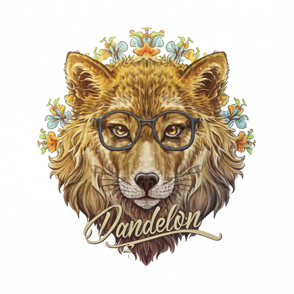 logo, Mixture of lion, fox and wolf, with glasses, colorful, with the text "Dandelion", typography