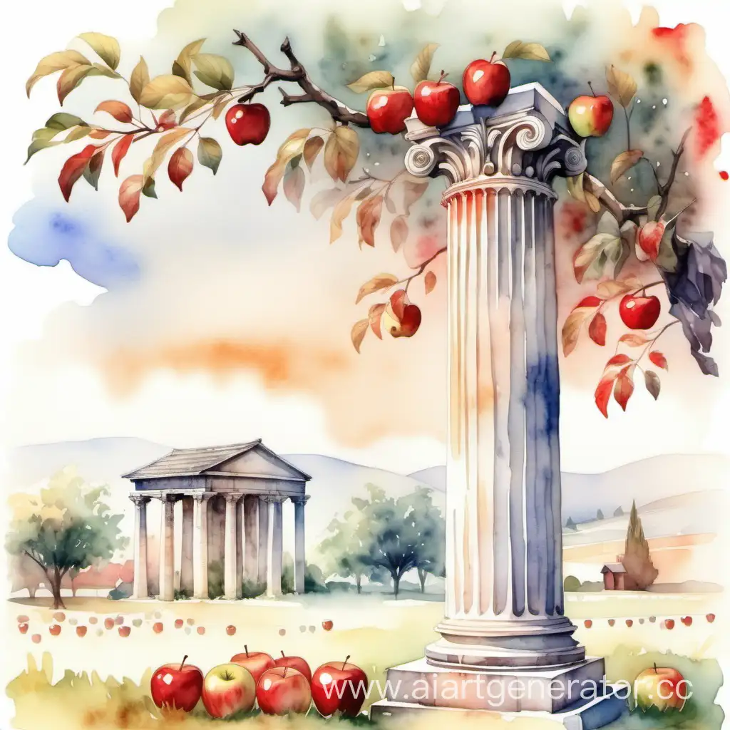 Спереди античная колонна и ветвь дерева с красными яблоками, на фоне яблочный сад, освещение яркое, стиль акварель