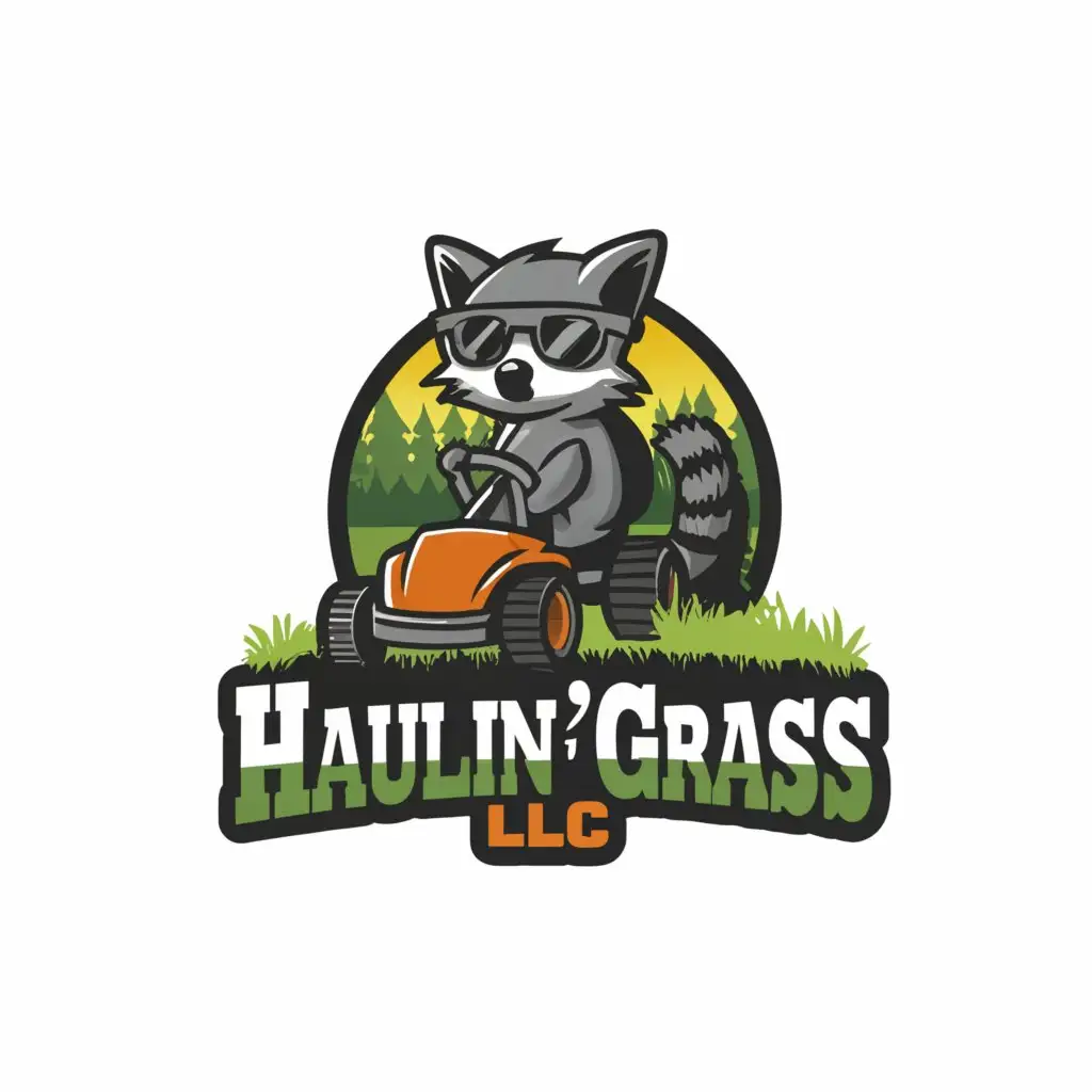 a logo design, with the text 'Haulin'' Grass LLC', main symbol: a raccoon on a Zero turn lawn mower, fast, moderate, clear background