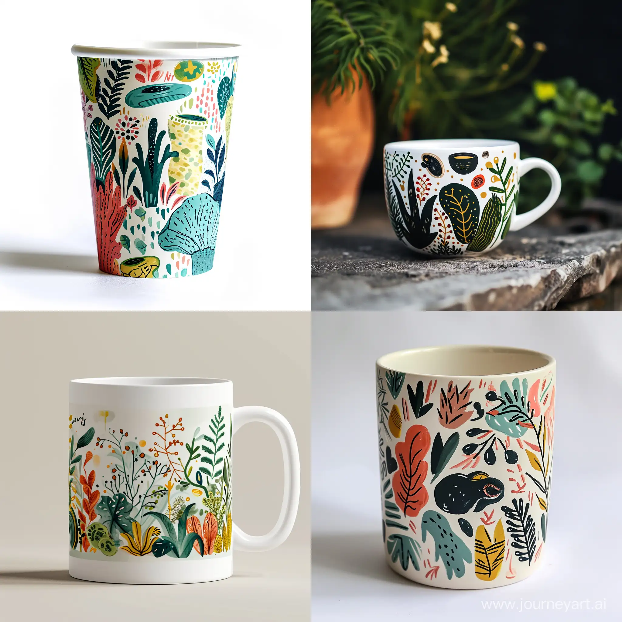 500 ml coffee cup with art on the theme of coffee, plants, aliens, illustration style