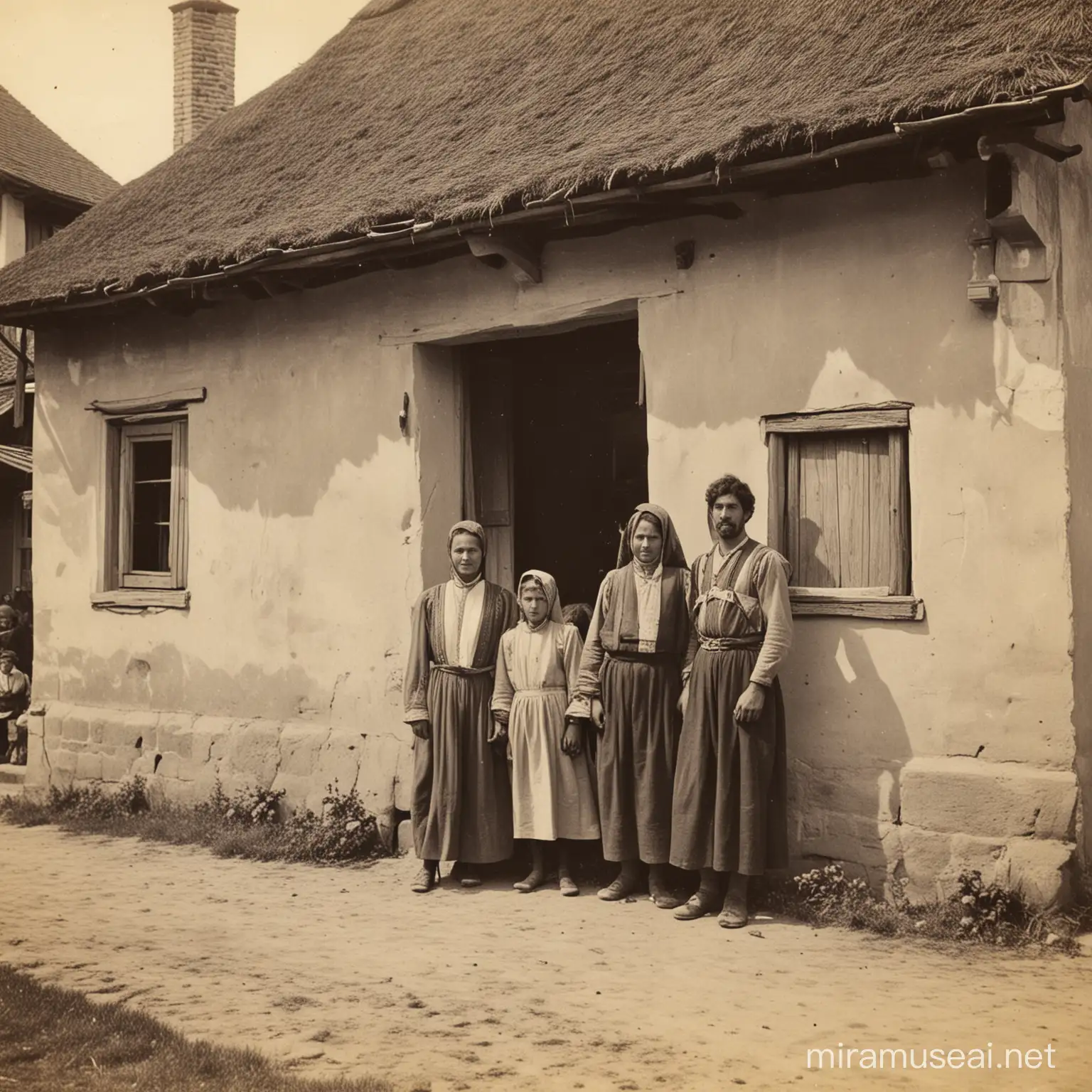 A old photo from 1450-1460 in Romania country with a family in front of house