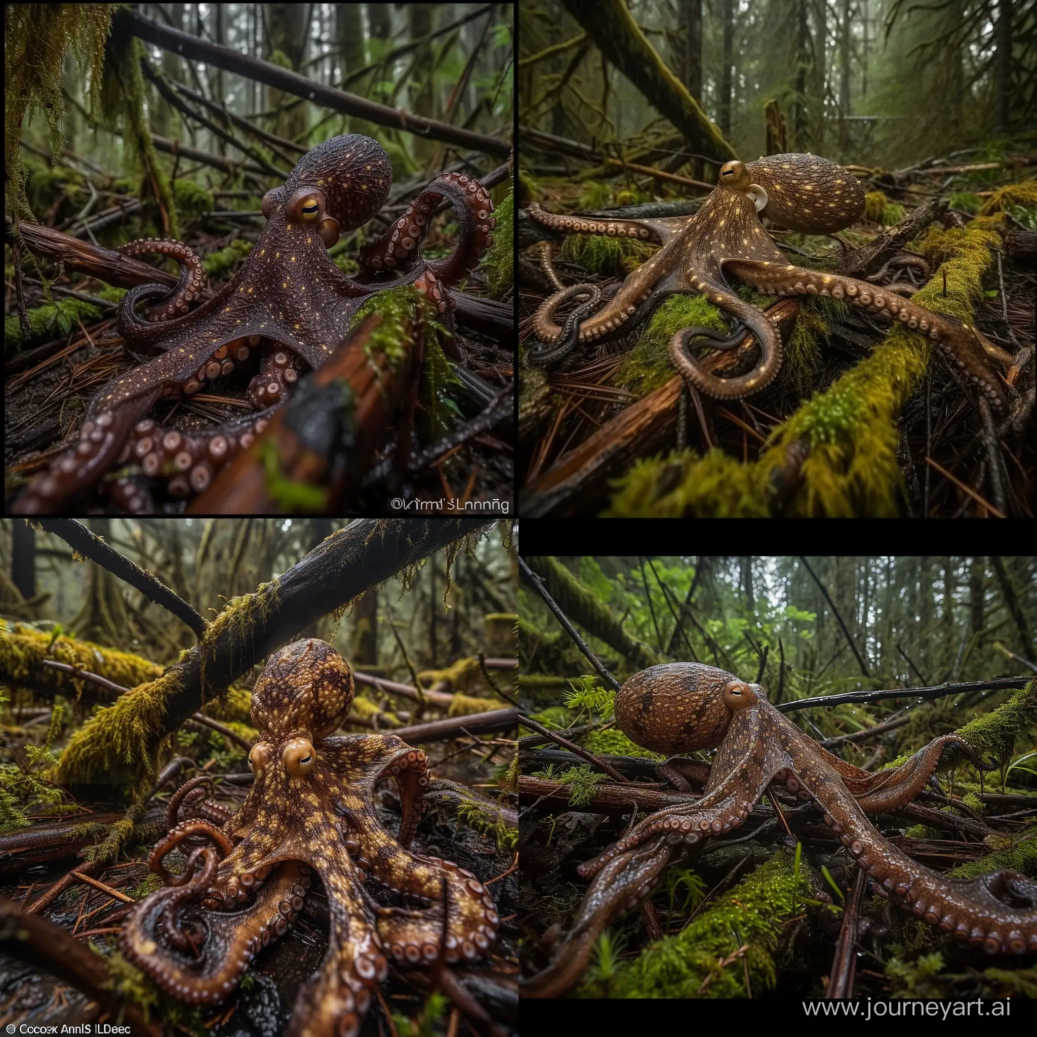 award winning wildlife photo of a very wet mottled brown octopus crawling across the forest floor, crawling over moss covered fallen branches, old growth conifer temperate rainforest, telephoto lens, canon camera, extreme wide shot, Frans Lanting, crisp, detailed