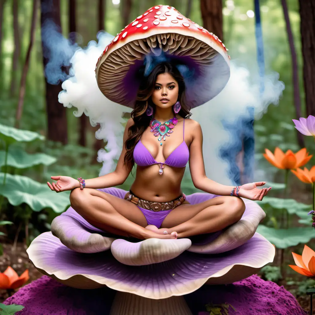 gorgeous brown-skinned Mexican woman sitting in lotus position on a giant mushroom, looks like selena gomez, wide hips and large breasts, surrounded by colorful flowers, jeweled necklace, revealing lavender bikini, short skirt, bare feet, fantasy style, forest background, smoking from a giant hookah pipe, surrounded by smoke, alice in wonderland style