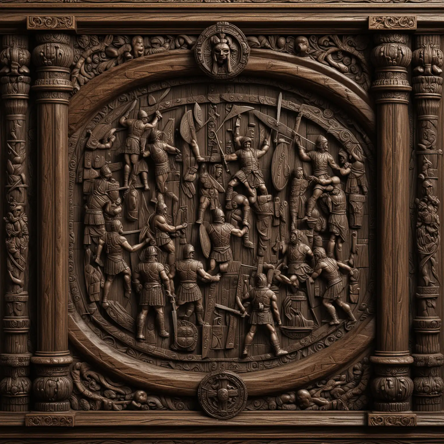 3D seamless and tileable carved dark wood with a finely carved framed surround, featuring roman gladiators, fighting in an arena, swords, spear and shield