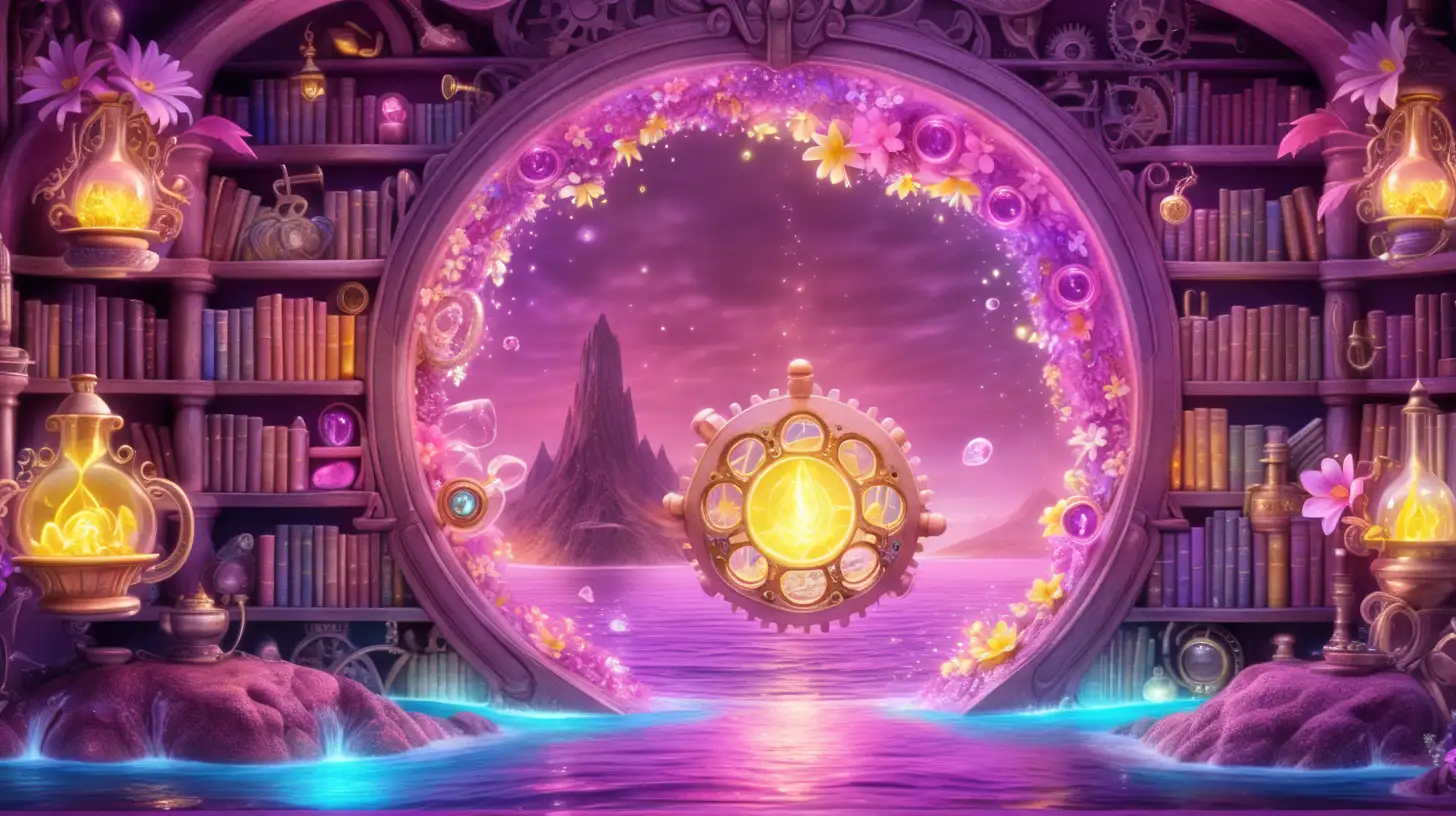 pink and purple bookshelf with potions on it forming a portal opens to fairytale magical bright-yellow-white glowing flowers in a glowing bright pink river and ocean side with blue-fire lava and magical glowing keys and cogs growing out of it