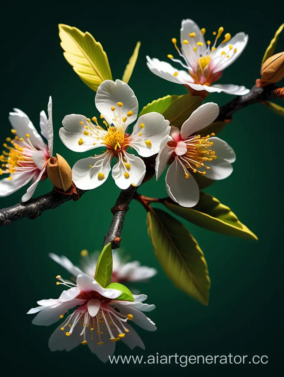 Vibrant-Almond-Blossom-8K-Painting-on-Royal-Green-and-Deep-Yellow-Background