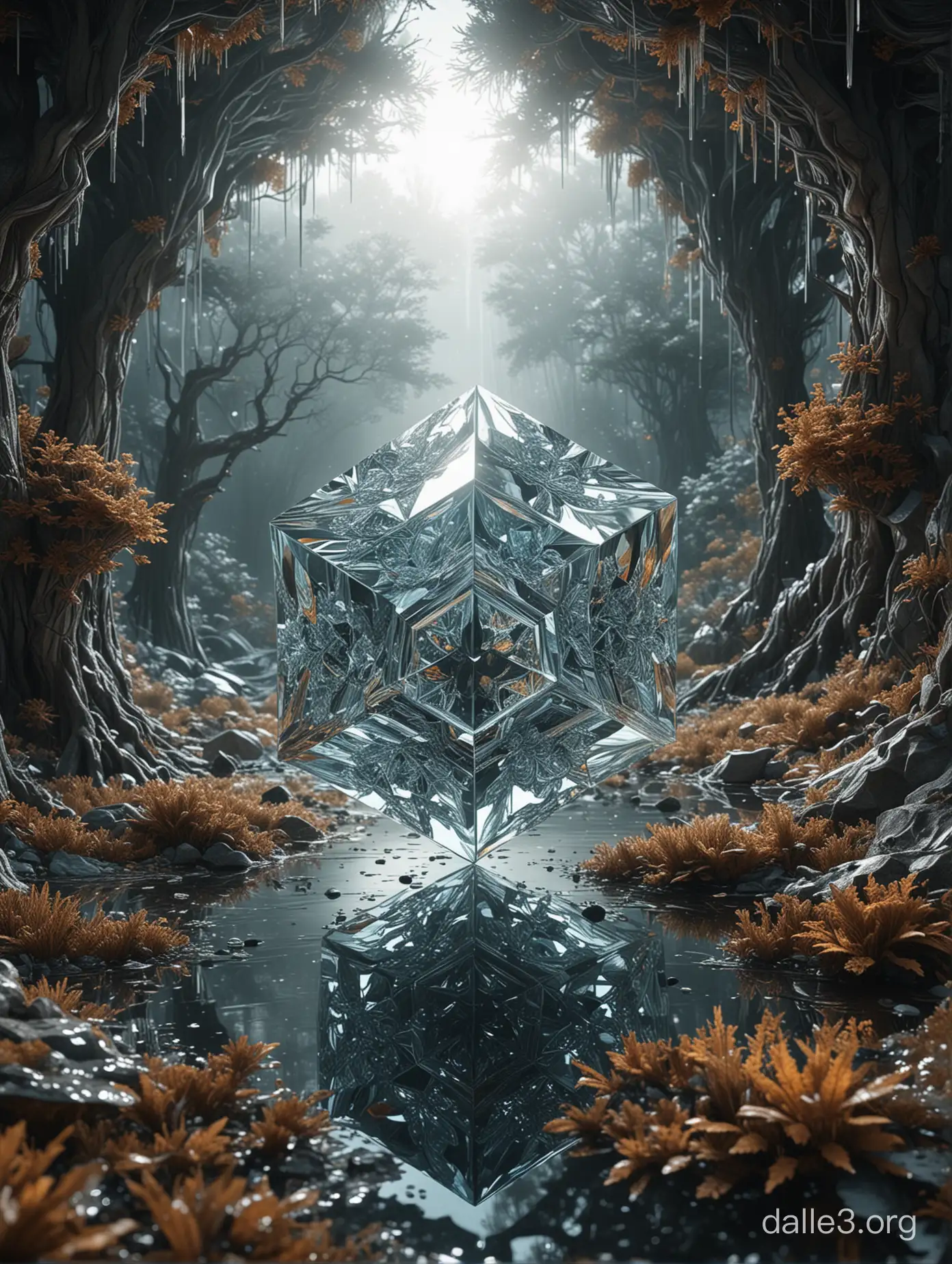 A mesmerizing landscape illustration featuring a kaleidoscopic dodecahedron fractal, reminiscent of the works of Takashi Homma and Toshio Shibata. Illuminated by radiant caustics optics, the scene is adorned with intricate patterns of refraction, reflection, and radiosity, creating a hypnotic display of light and color. The environment evokes a surreal dreamscape, with ethereal visions of permafrost lucid dreams merging seamlessly with softology chaos. Created using Mandelbulb 3D and Xenodream, with a dash of StyleGAN for unique textures. Enhanced with disco diffusion and brought to life with dynamic motion graphics and cinematic parallax effects. Rendered in Cinema4D with Octane Render, utilizing HDRI and PBR Megascans textures for maximum realism. Inspired by the artistic styles of Ilene Meyer and Archillect, with additional influences from Behance. Expertly rendered by Zaoeyo.