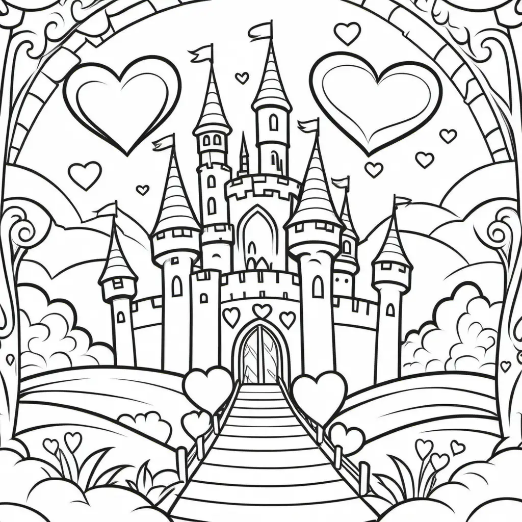 /imagine coloring pages for kids, valentine’s day hearts and castle, cartoon style, thick lines, low detail, black and white - - ar 85:110