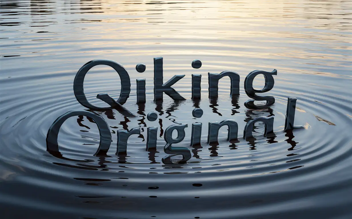 Word art with ripples on the water, the shape of the ripples shows the text "QiKing Original".