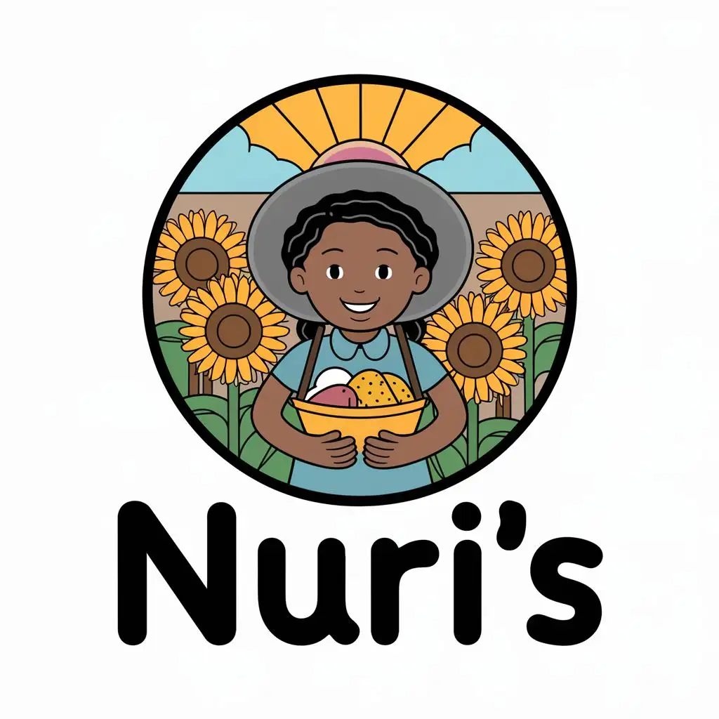 logo, Colorful image of a Little black girl with a hat on holding a bowl of fruit in her garden that has sunflowers in it. with the sun shinning over her head., with the text "NURI'S", typography