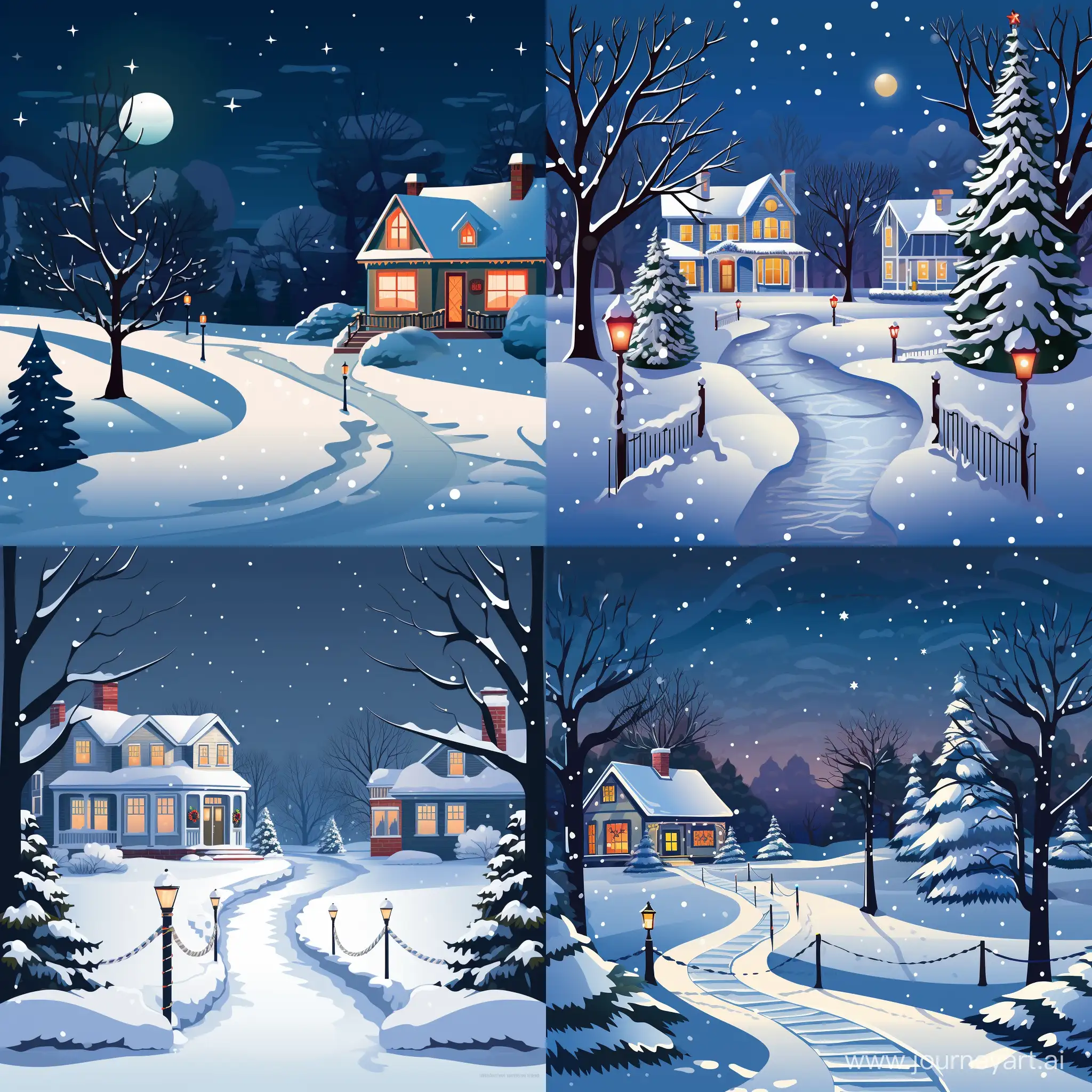 vector style of a front yard twinkling with SparkleBright lights, creating a magical winter wonderland. The lights gracefully outline the home's architecture and landscape, casting a warm, festive glow on the snow-covered surroundings. Emphasis on the harmonious blend of light and shadow, showcasing the serene beauty of a winter night. Subtle lighting effects, enchanting winter scene,