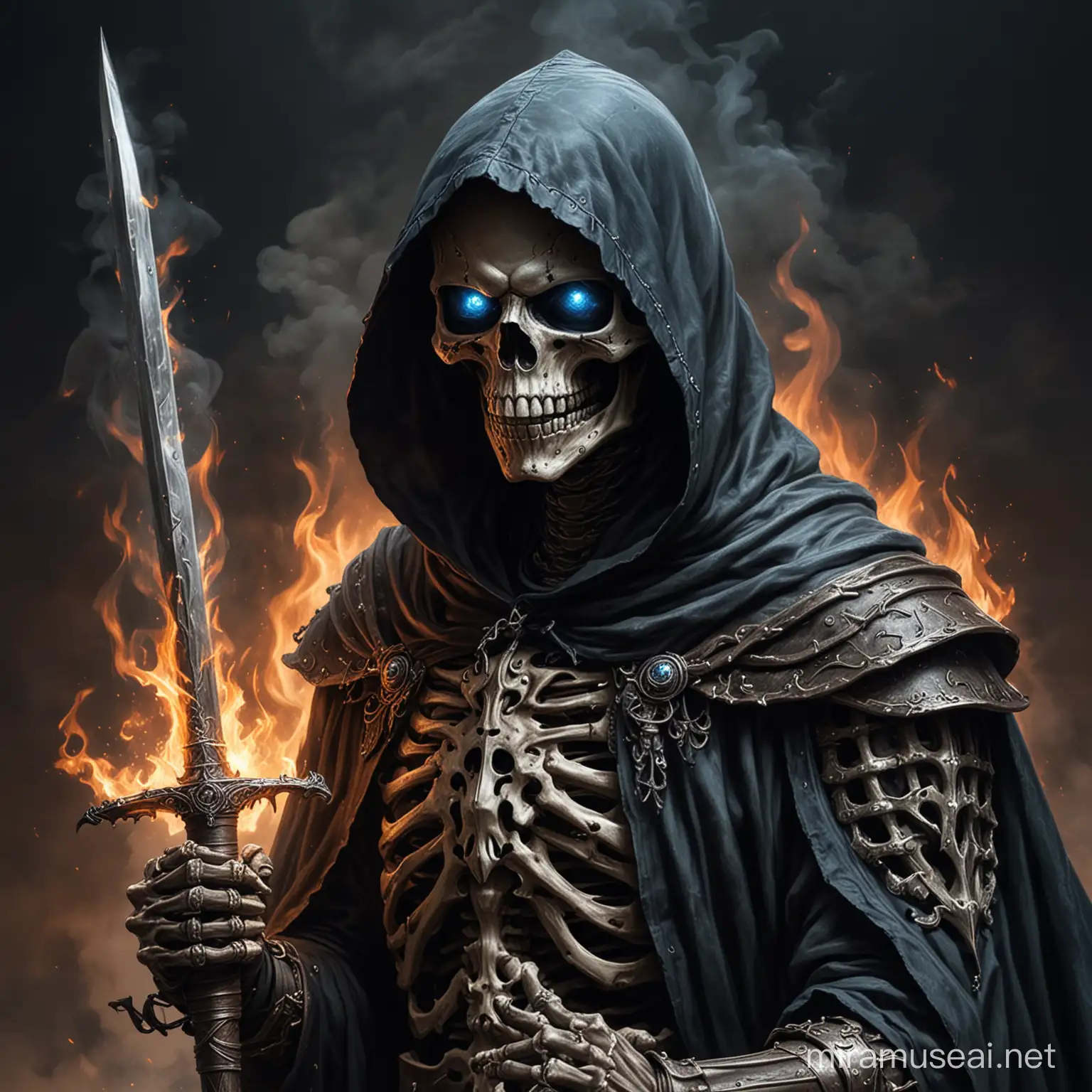 Скелет с рапирой в темном плаще с капюшоном и горящими голубым глазами
