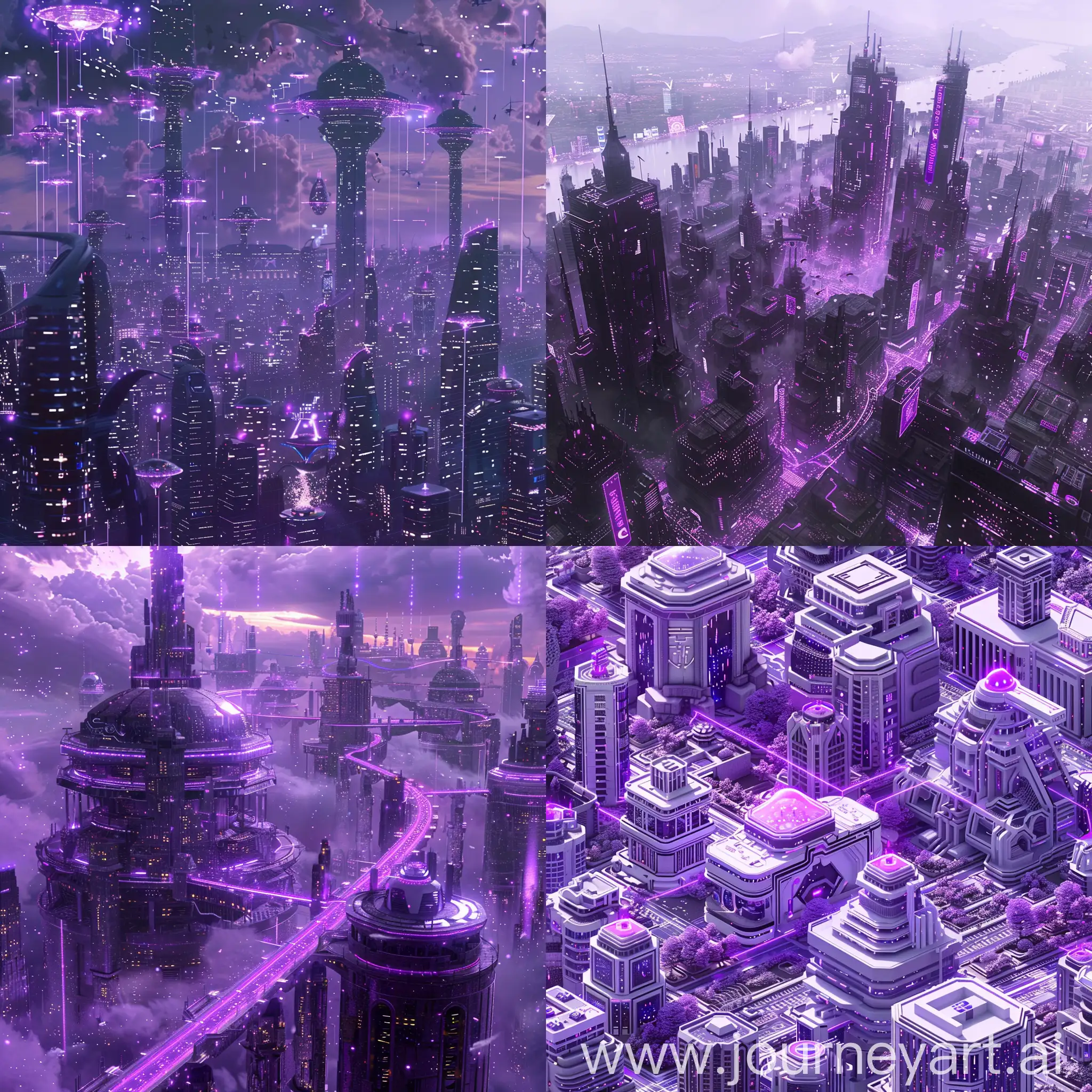 I want you to create a city that looks real where everyone is connected to the internet through a network and that the city has details in purple