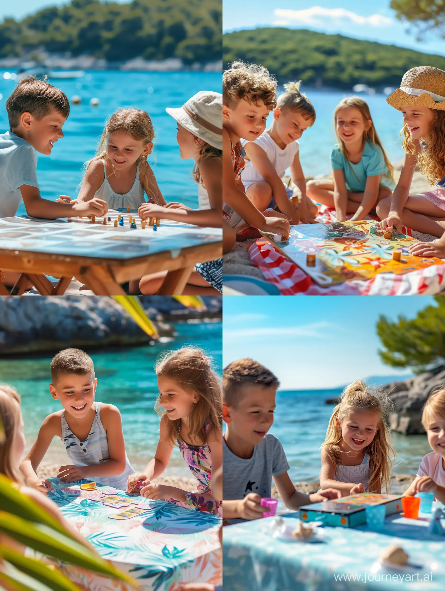 Happy kids play table game together on the sea, photo, detailed
