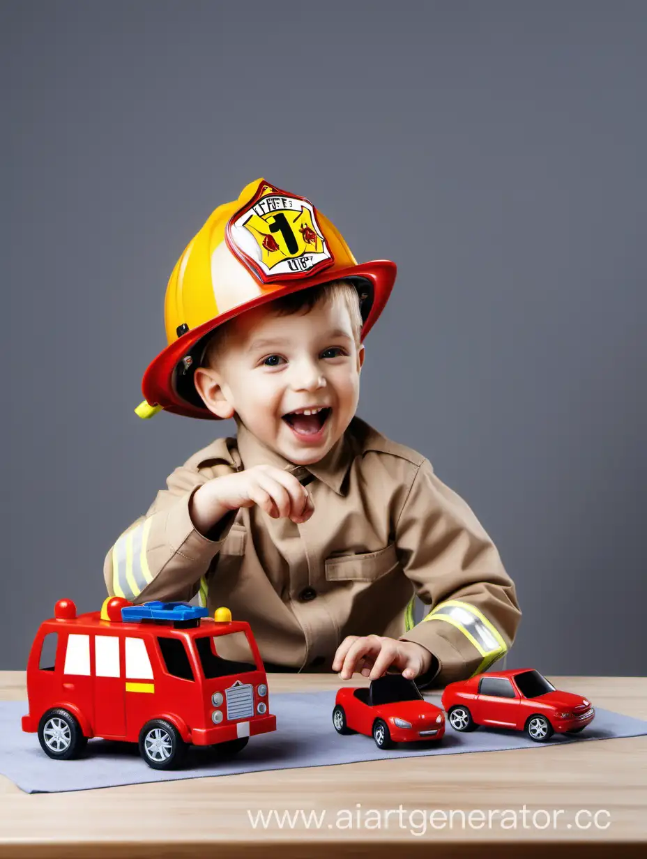 happy little boy in firefighter uniform with helmet playing with cars at table