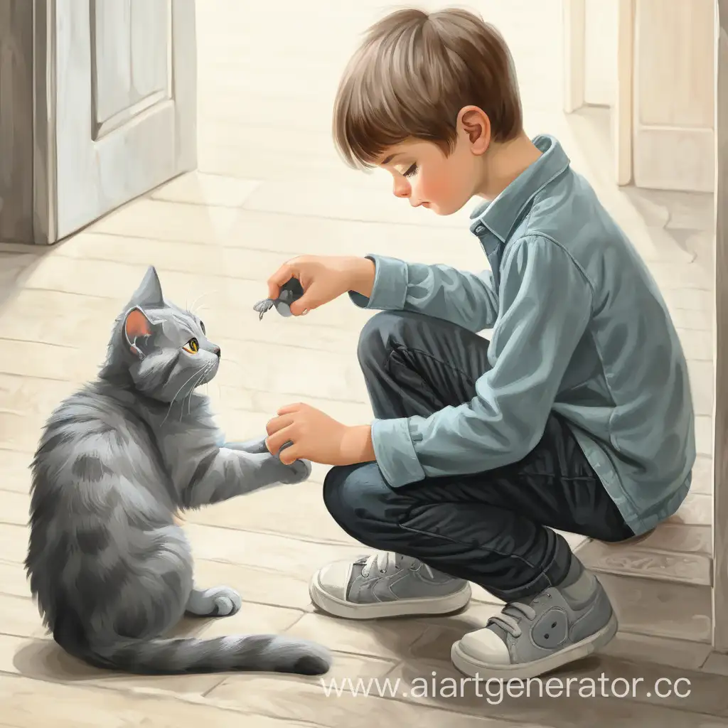 мальчик гладит серую кошку