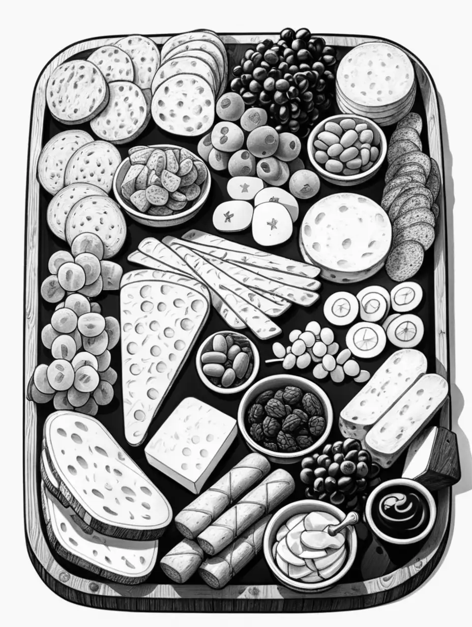 black and white cartoon charcuterie board white background
