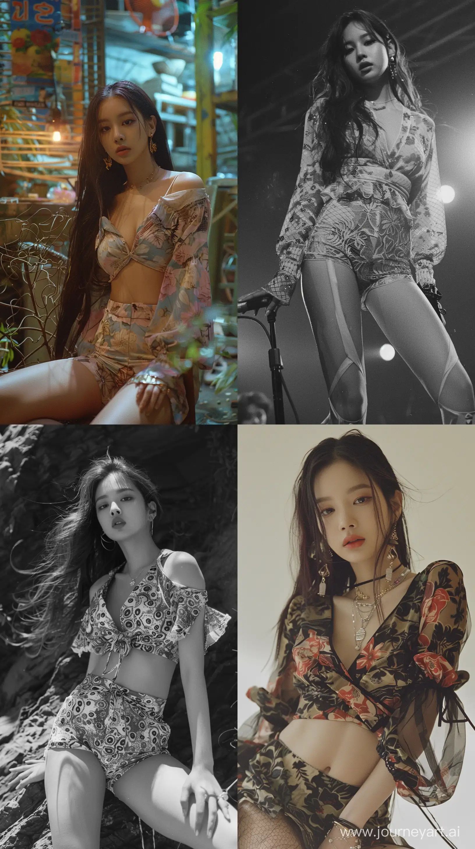 High resolution fashion photo of jennie blackpink's full body shot, wearing kebaya, super casual,bared thighs, in the style of jennie, mysterious nocturnal scenes,fuji film, album covers, flickr --ar 9:16 --style raw --stylize 250 --v 6