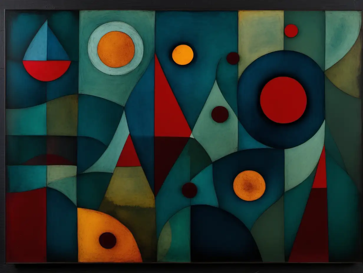 Abstract Interpretation Inspired by Paul Klee in Deep Blues Greens Reds and Amber