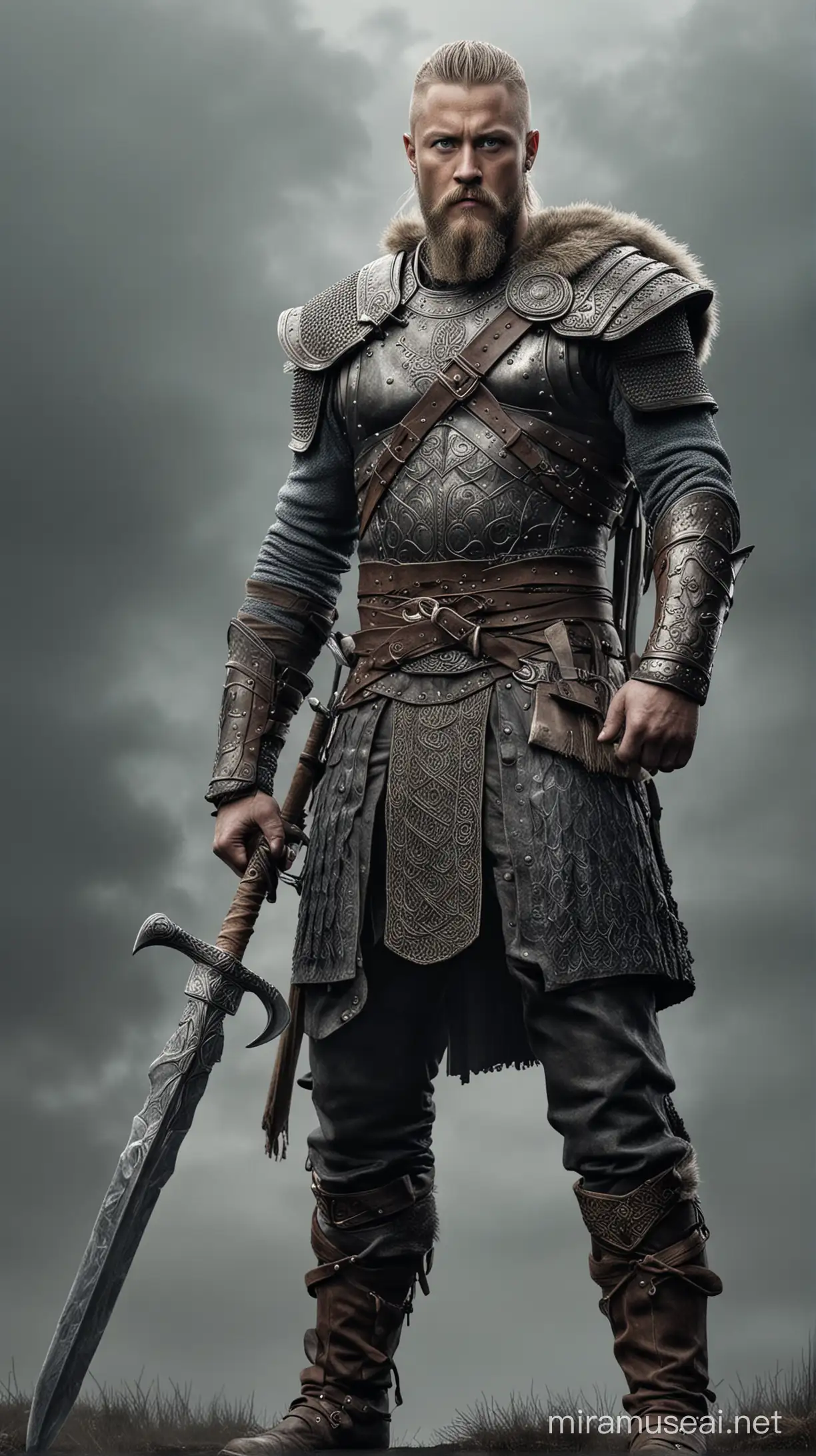 Ragnar Lothbrok standing tall as a legendary Norse warrior, clad in armor and wielding a mighty weapon. hyperrealistic
