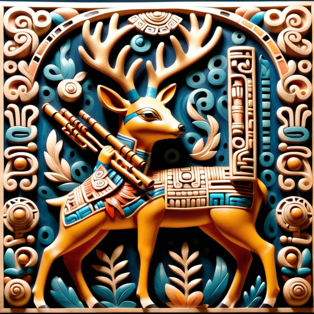 Mayan Style Art Deer and Flute Masterpiece