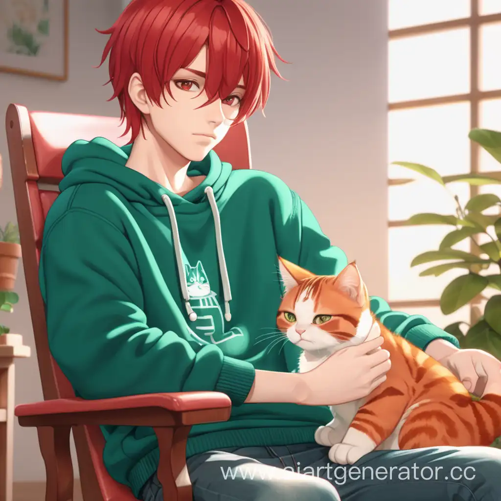 Рыжий подросток, парень в зелёном свитере, сидит в кресле и гладит кота, 2d, аниме, эстетика, 4k.