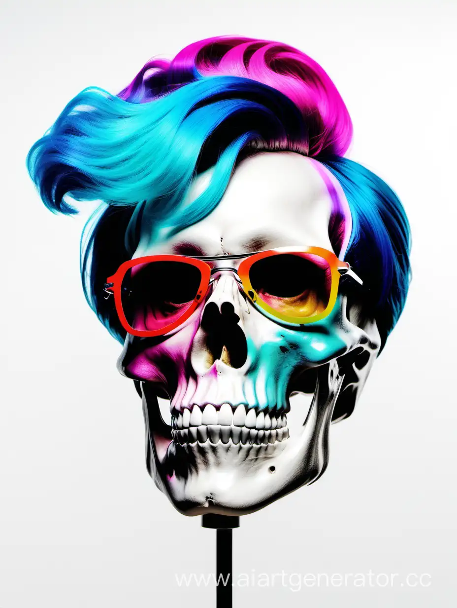 skull head with andy wharol hairstyle, hair full colored in fluid mode, white background