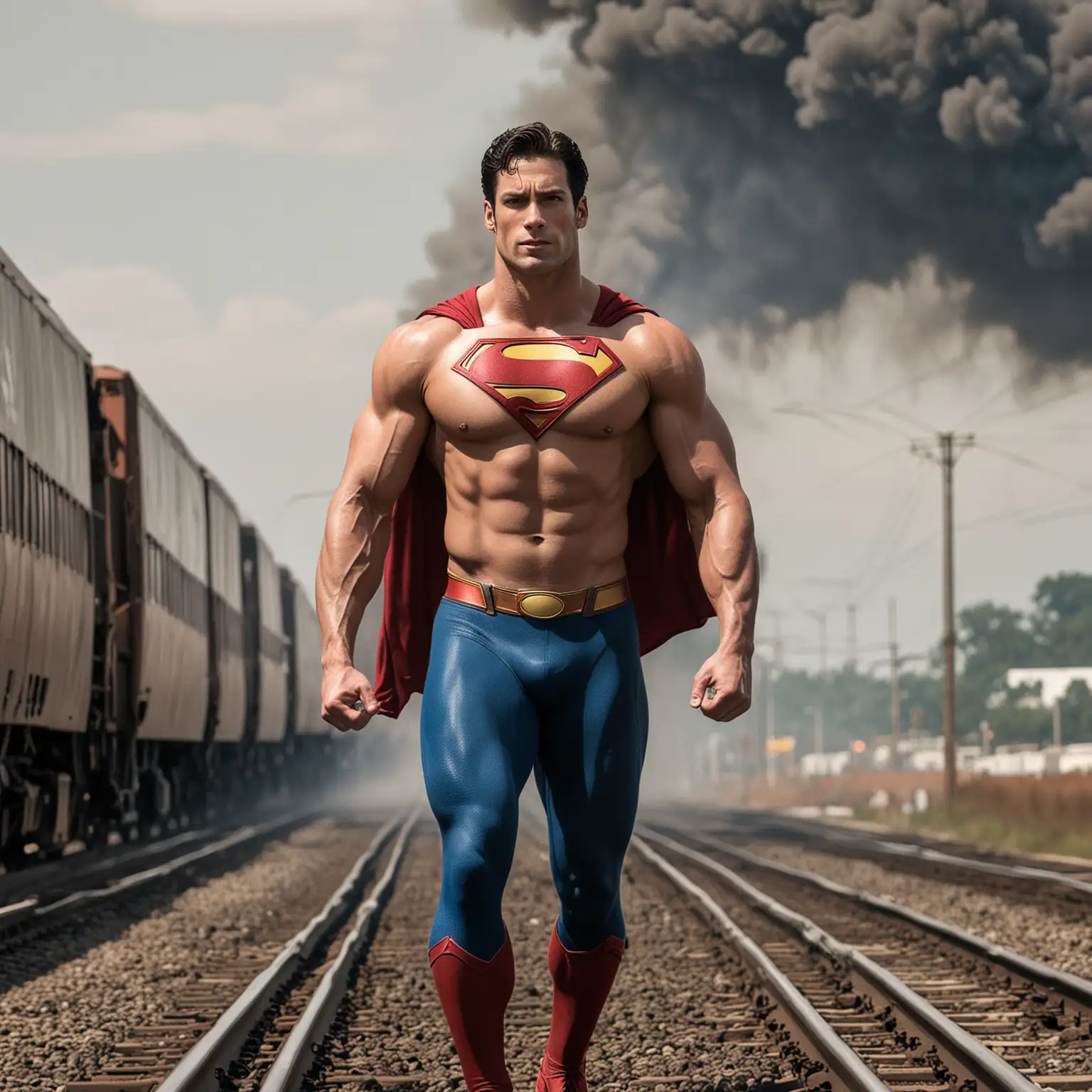 bare chested super muscular superman stopping a runway train