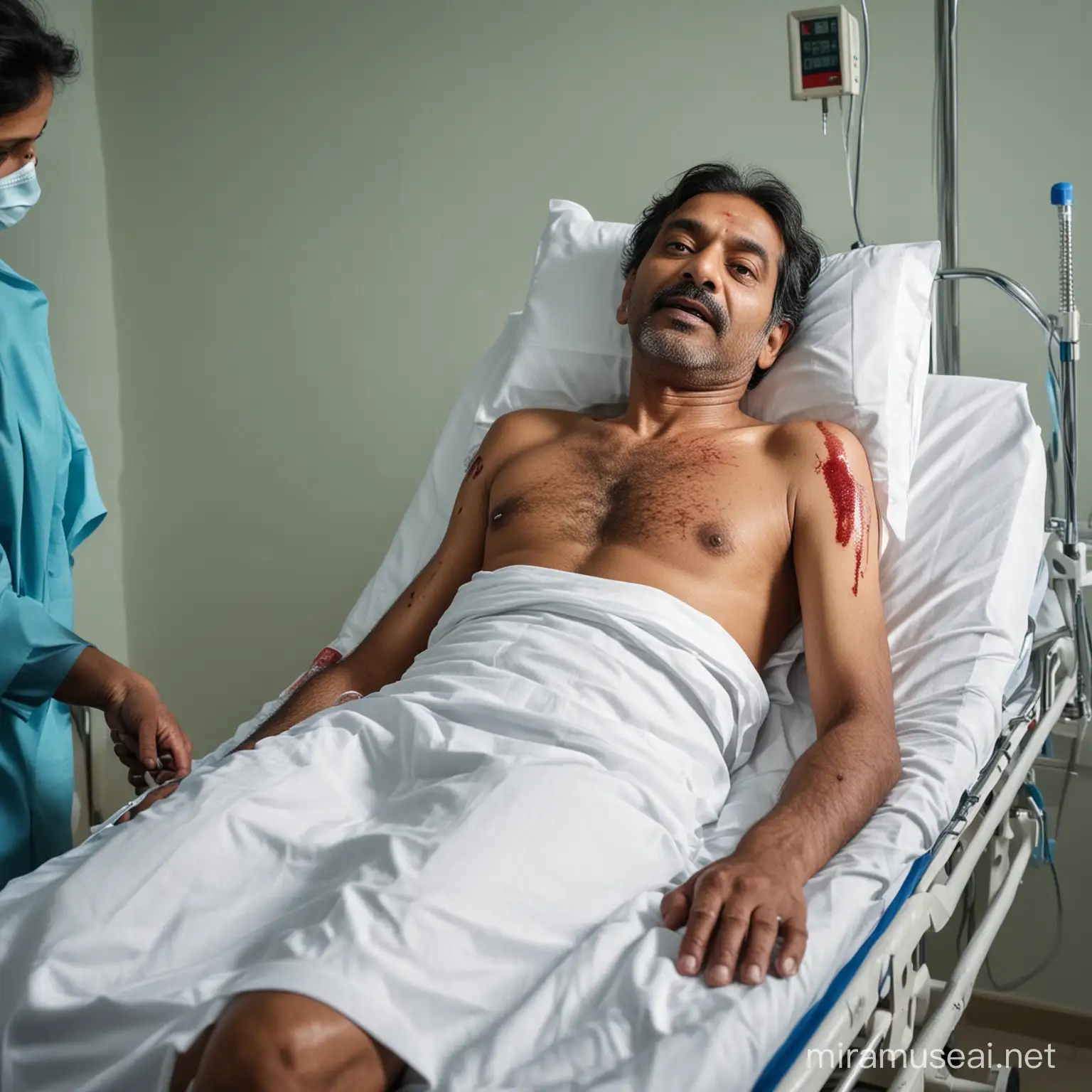 Unconscious MiddleAged Patient in Hospital Reception Indian Man with Blood Loss on Stretcher