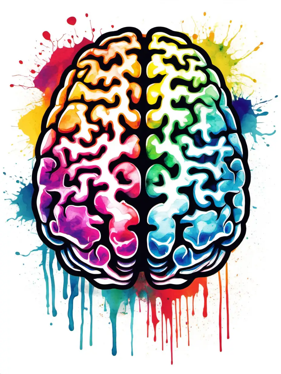 A brain, depicting vibrant colours and imagination.  Neurodivergent exemplified.

Style: Water Colour
Mood: Inspiring and colourful
T -shirt design graphic, vector, contour, white background.